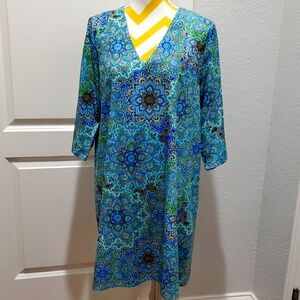 Vibrant Blue Patterned Dress,Midi,Tunic, 3/4 sleeve,V-NECK